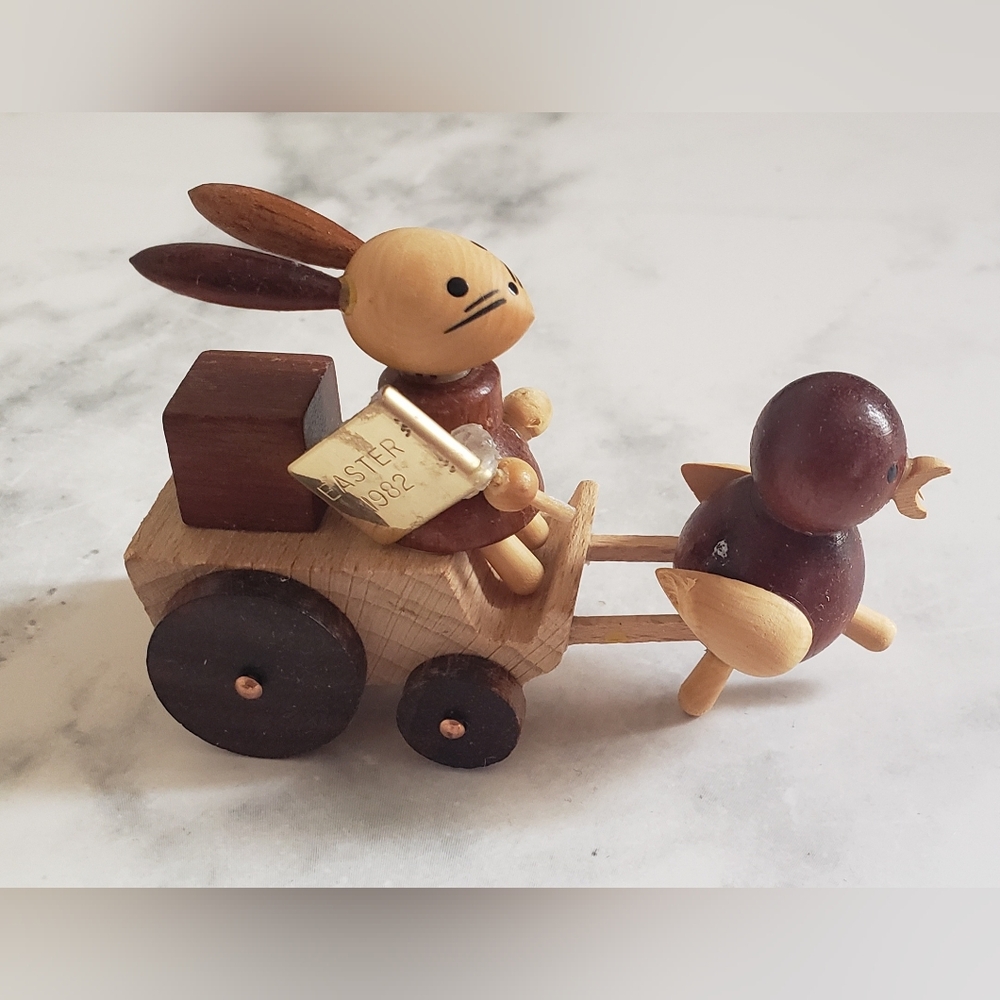 Vintage Easter 1982 Goula Spain Bunny Rabbit Chick Wood Handmade Ornament Cart